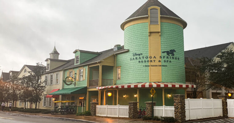 Main entrance to Disney's Saratoga Springs Resort and Spa at Walt Disney World on cloudy, rainy day.