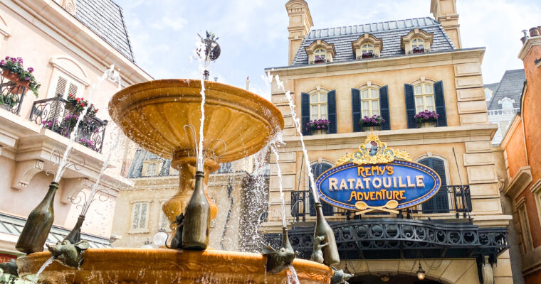 Remy's Ratatouille Adventure in France Pavilion at EPCOT in Walt Disney World on cloudy day.