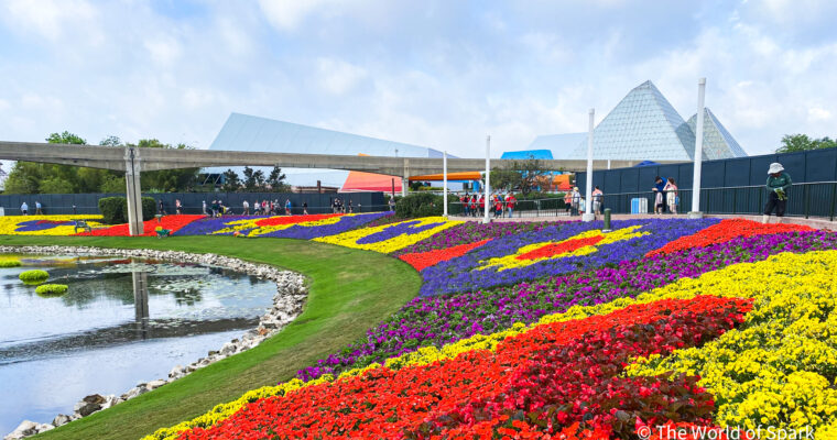 A colorful array of flowers arranged in geometric shapes and designs at EPCOT in Walt Disney World.