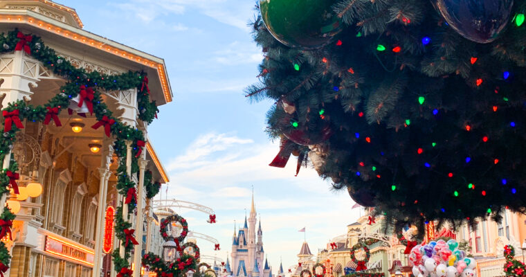 Cinderella Castle and Main Street, U.S.A. at Magic Kingdom in Walt Disney World during holiday season.