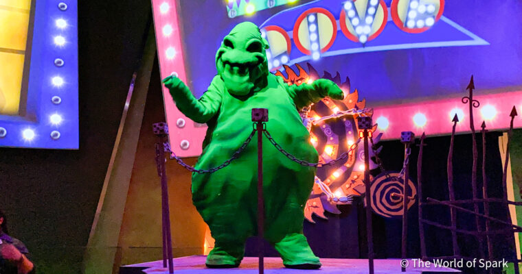 Oogie Boogie standing on platform in Disney California Adventure during Halloween season.