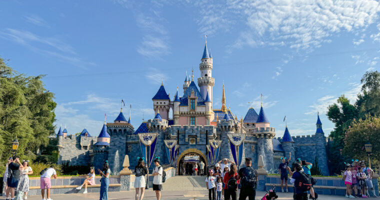 Sleeping Beauty Castle at Disneyland Park on clear, sunny day.