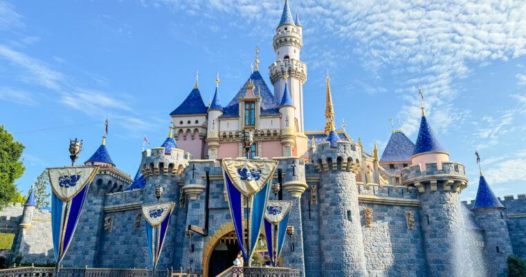 Sleeping Beauty Castle at Disneyland Park on clear, sunny day.