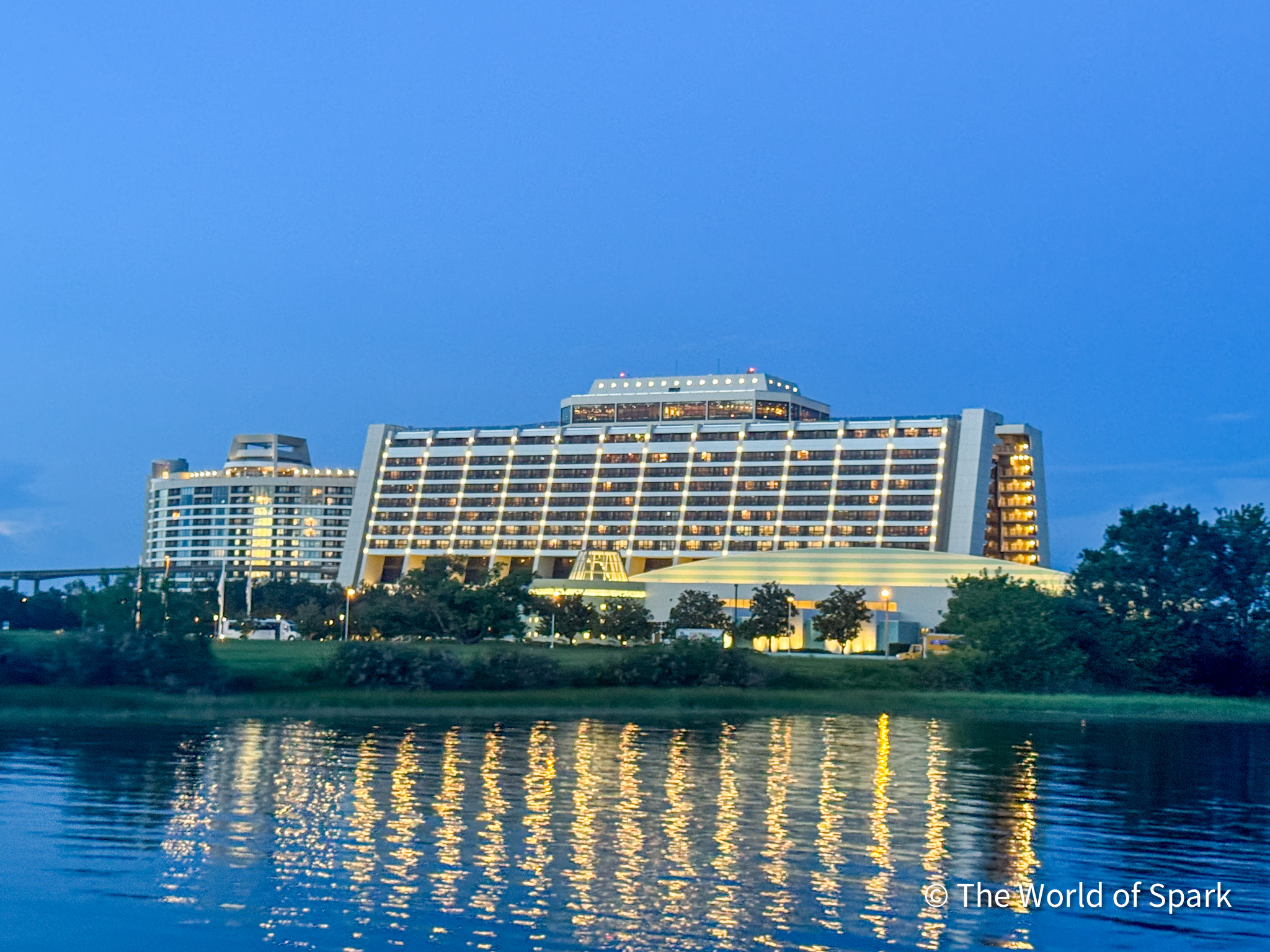Disney's Contemporary Resort seen from Seven Seas Lagoon at Disney World