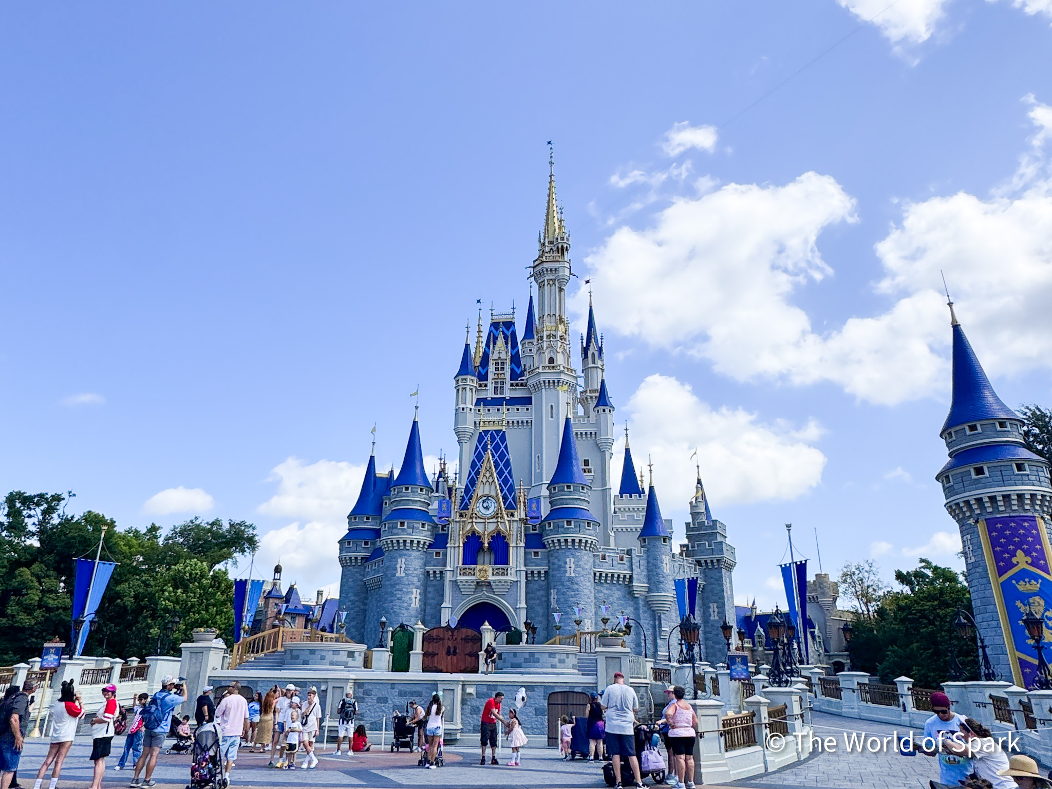 Cinderella Castle with silver, white, and blue color scheme in Magic Kingdom